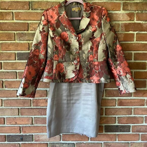 Kasper Abstract Floral Print Skirt Blazer Suit Set Gray Pink 10P